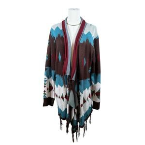 Boho Aztec Fringe Cardigan Southwestern Knit Open Front Longline Large